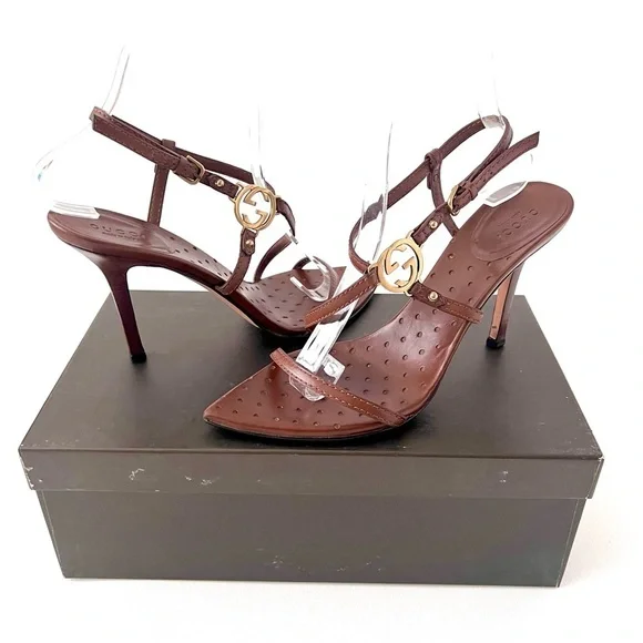 GUCCI | GG Logo Brown Leather Strappy Heels Sandals Size 7.5 - Picture 5 of 16